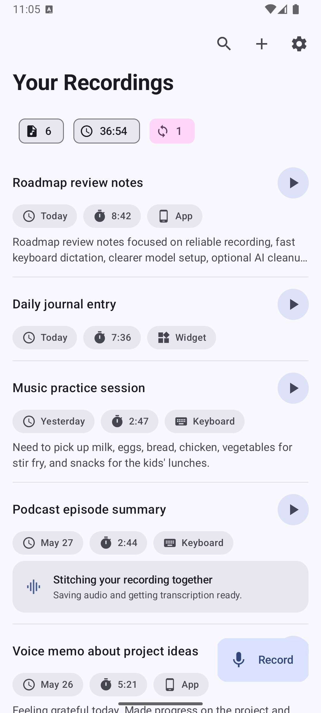 Chirp voice notes app showing recordings and transcripts
