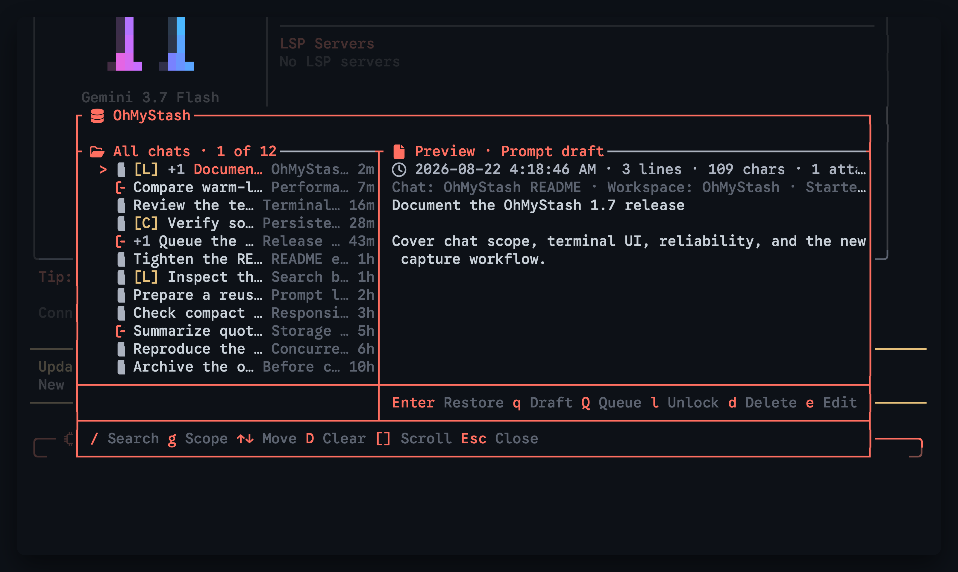 OhMyStash browser showing saved prompts and the selected prompt preview